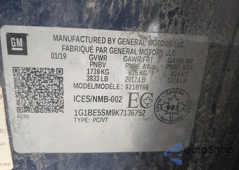 2019 Chevrolet Cruze Lt from USA, damaged, VIN 1G1BE5SM9K7136752